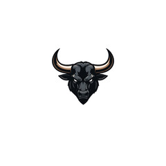 A fierce and stylized black bull head gazes intensely, featuring prominent horns on a stark black background, ideal for graphic design.