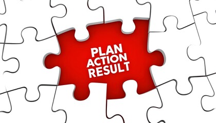 Fototapeta premium Puzzle piece missing revealing 'Plan, Action, Result' text