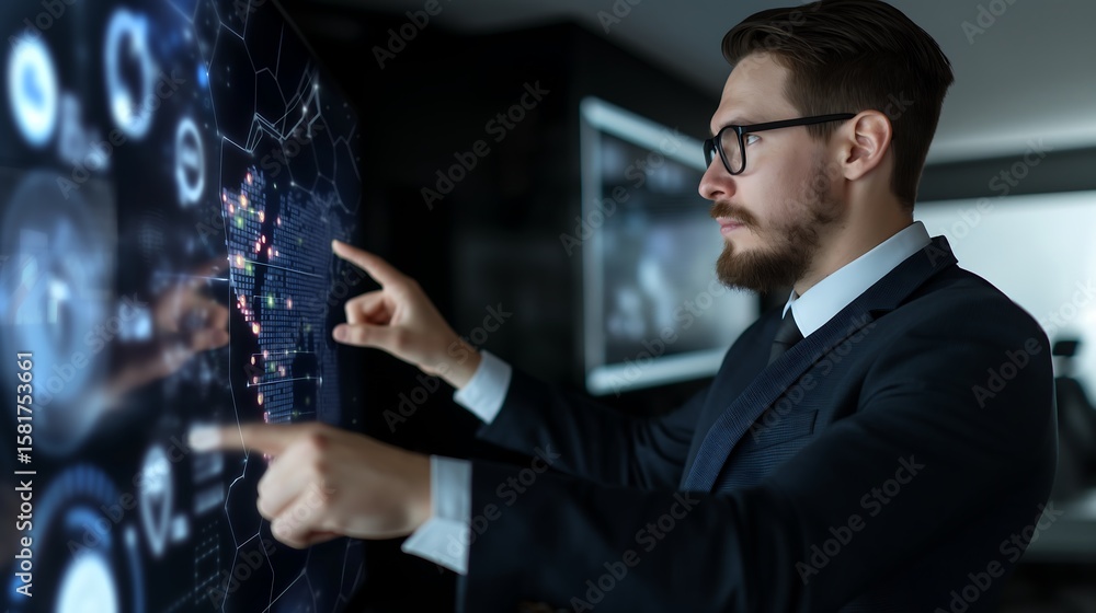 Poster business professional interacting with a virtual display of e-learning modules, including ai tools, 