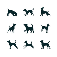 Collection of nine dog silhouettes in various poses isolated on white background