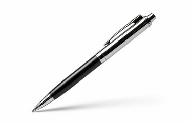 Sleek ballpoint pen rests diagonally on a clean white surface, ready to write or sign documents in professional settings.