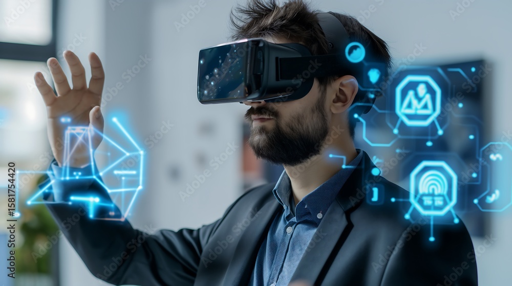 Aufkleber businessman using augmented reality headsets to access digital training modules and artificial intel