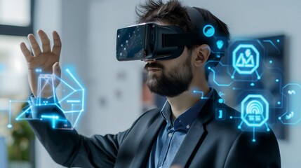 Businessman using augmented reality headsets to access digital training modules and artificial intelligence coaching tools, surrounded by floating virtual icons.