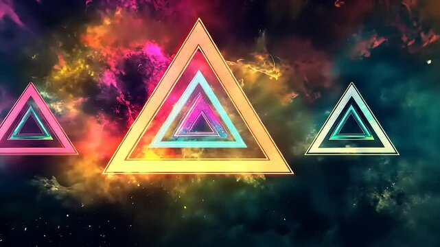 Vibrant geometric triangles in a cosmic background with colorful nebula and swirling patterns - Powered by Adobe