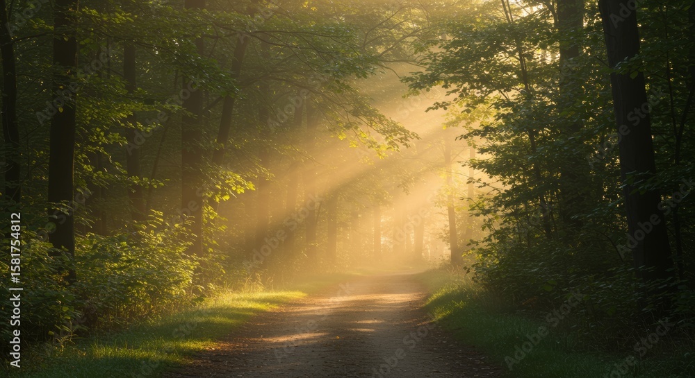 Poster serene forest path with sunlight streaming through trees