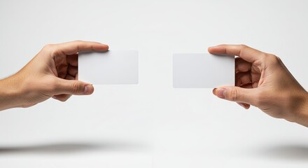 Hands holding blank card horizontally against a clean background, ready for design insertion
