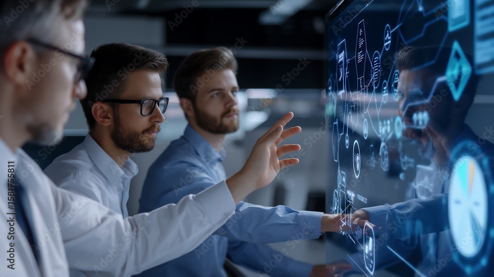 Aufkleber corporate team engaged in ai-driven training session, with holographic icons representing machine le