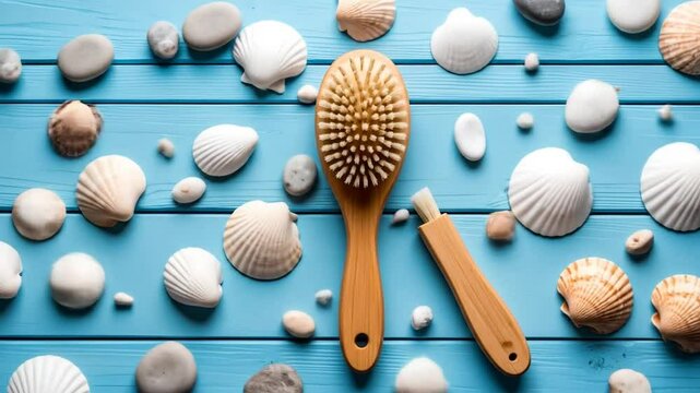 Wooden Massage Brush And Shells On Light Blue Background