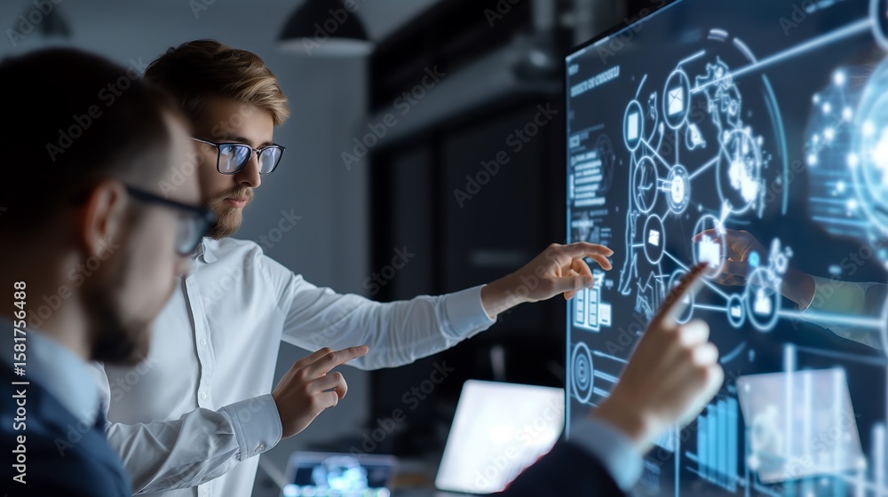 Aufkleber corporate team engaged in ai-driven training session, with holographic icons representing machine le