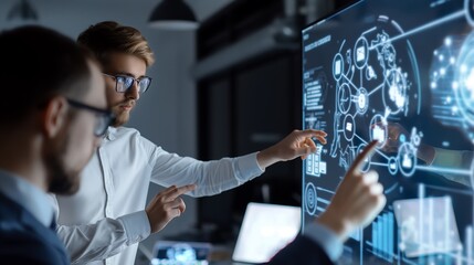 Corporate team engaged in AI-driven training session, with holographic icons representing machine learning, leadership development, and performance tracking floating above a smart digital workspace.