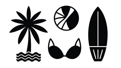 Colorful Summer Beach Icon Collection Featuring Various Beach Elements and Activities