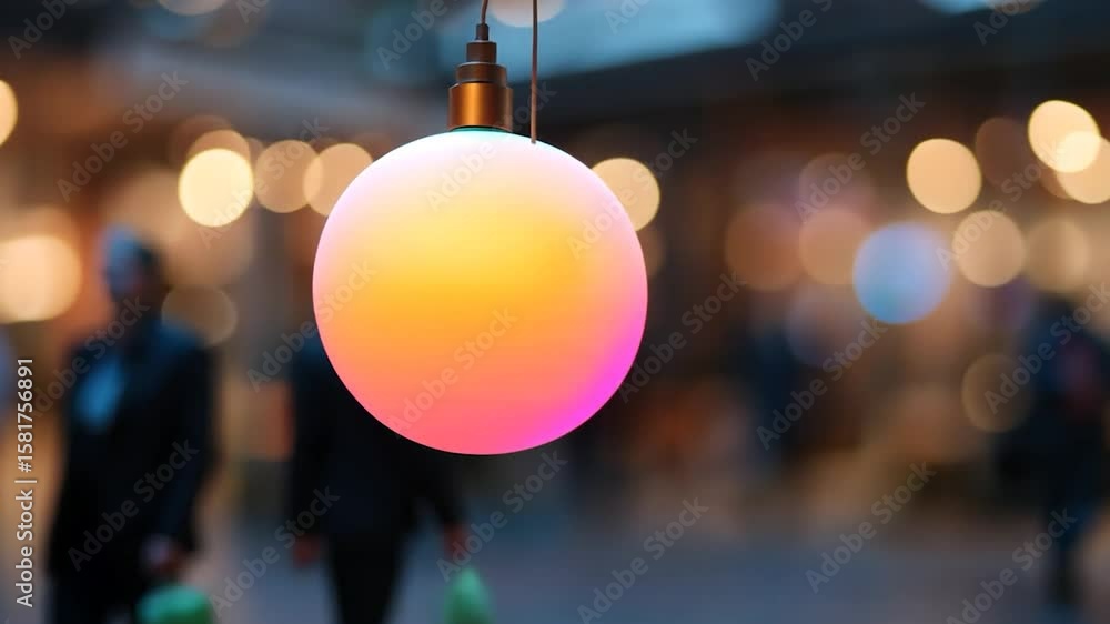 Poster close-up of a glowing, multicolored sphere hanging in a dimly lit urban setting. people are blurred 