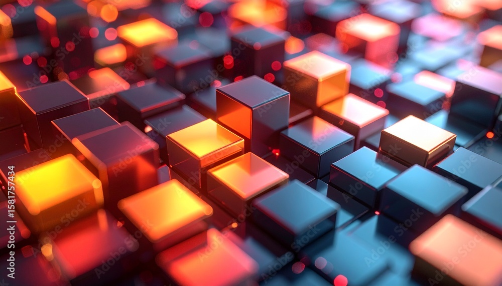 Fototapete abstract 3d rendering of glowing cubes arranged in a grid pattern, with depth.