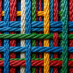 Vibrant, close-up texture of colorful nautical ropes and cords with intricate knots, highlighting the strong fiber detail of an old boat's lines
