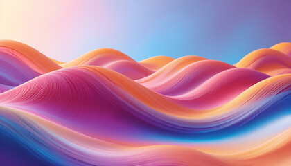Flowing vibrant waves create a mesmerizing abstract landscape of orange, pink, and purple hues on a gradient blue background.