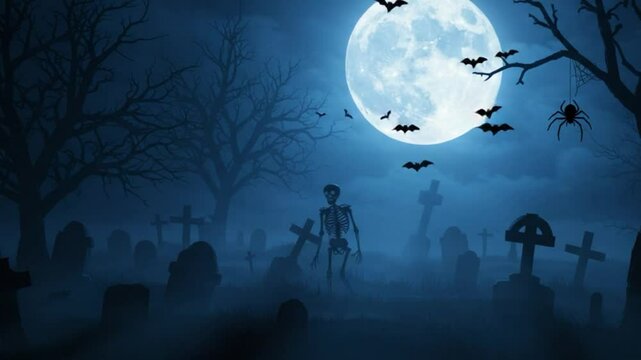 Spooky halloween night scene with full moon bats and graveyard silhouettes