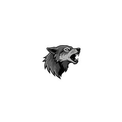 Ferocious wolf head illustration rendered in grayscale, isolated on a black background, showcasing wild animal aggression and strength.