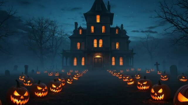 Spooky Halloween night with haunted house pumpkin and castle in the background