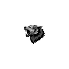 An illustration of a snarling wolf's head in grayscale against a dark background evokes strength and fierce wildlife.