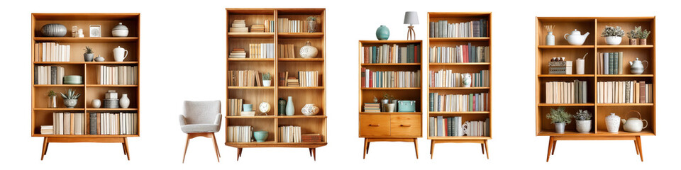 Vintage-style wooden bookcases with shelves of books and decor