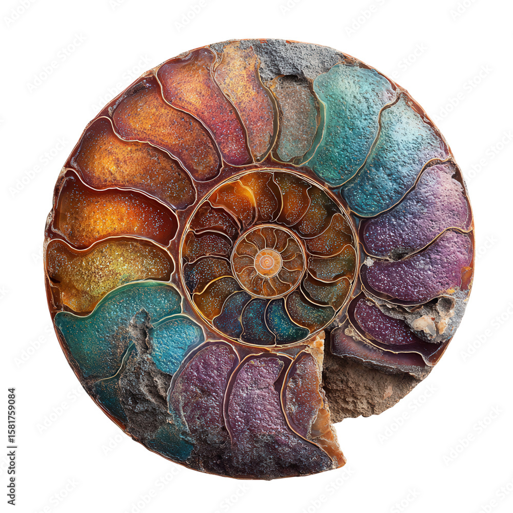Aufkleber colorful ammonite fossil with intricate spiral patterns and vibrant shell texture reflecting natural