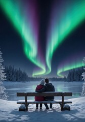 A couple sits on a wooden bench, embracing as they watch green and purple aurora lights dance above a frozen lake in a snowy forest.
