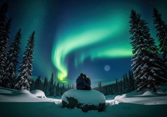 A couple sits on a snow-covered rock under a glowing aurora borealis