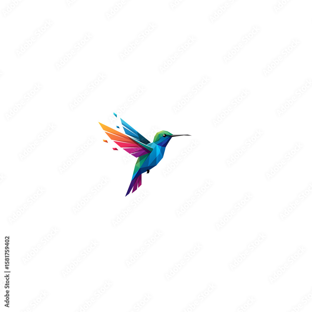 Fototapete a striking polygonal hummingbird soars against a stark black canvas, rendered in a vibrant array of 