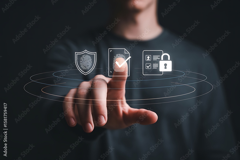 Poster fingerprint security verification and data protection icons digital identity