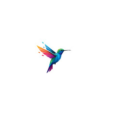 A striking polygonal hummingbird soars against a stark black canvas, rendered in a vibrant array of colors with a modern digital aesthetic.