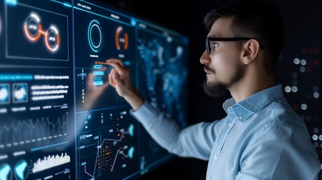 Manager analyzing AI-enhanced team performance data and personalized learning progress on a digital board with futuristic visual overlays and training icons.