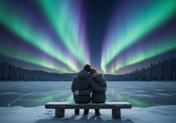 Couple sitting on wooden bench by frozen lake watching northern lights in winter forest at night