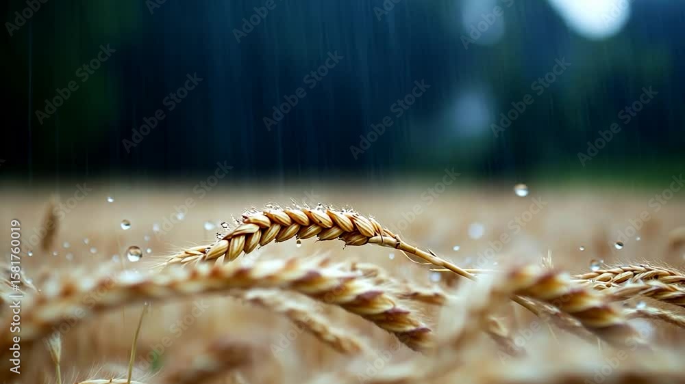 Poster close-up view of a single wheat stalk in a field during a rainfall. water droplets are visible on th