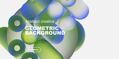 Naklejka premium Abstract geometric shapes overlap, creating vibrant color gradients. Text promotes creative design, inviting further exploration.