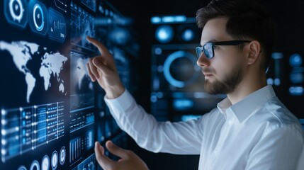 Manager analyzing AI-enhanced team performance data and personalized learning progress on a digital board with futuristic visual overlays and training icons.