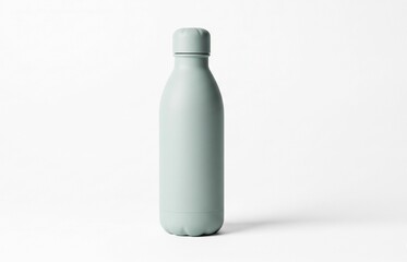 Minimalist still life showcasing a reusable mint green water bottle against a bright white backdrop, emphasizing a sustainable lifestyle