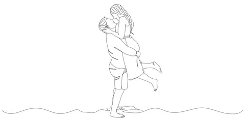 Fototapeta premium Romantic Couple Hugging on the Beach – Minimalist One Line Drawing Illustration