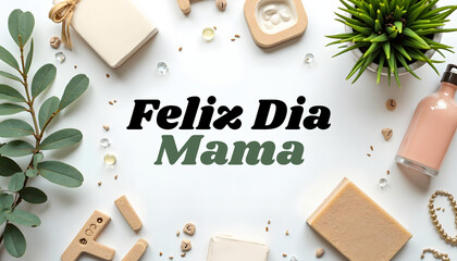 Feliz Dia Mama text amidst objects like a plant soap bars and a bottle on a white surface