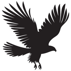Bald Eagle black silhouette icon. American eagle wild bird of prey soaring. Falcon or hawk carnivore avian animal flight up vector outline illustration isolated on white