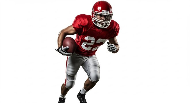 American Football Player in Red Jersey Running with the Ball, Dynamic Action Shot on White Background - Powered by Adobe