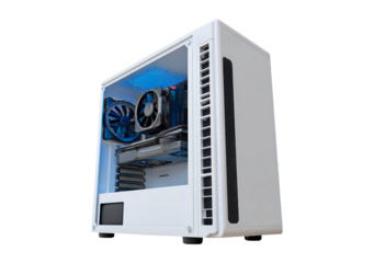 White gaming pc with blue led lights and transparent side panel on transparent background, PNG