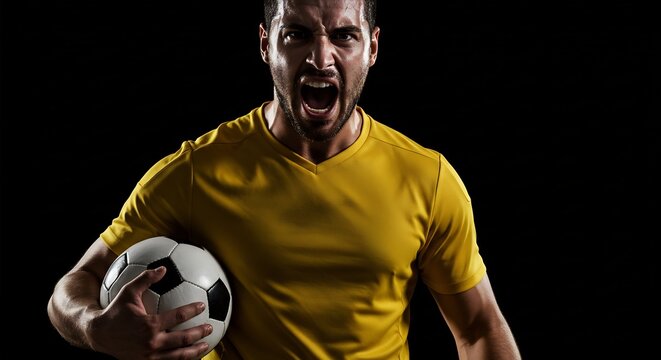 Powerful Portrait of a Passionate Soccer Player in a Yellow Jersey, Holding a Ball and Screaming with Excitement