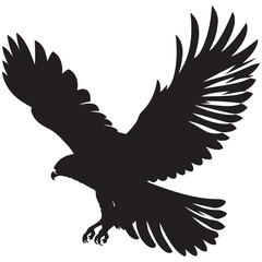 Bald Eagle black silhouette icon. American eagle wild bird of prey soaring. Falcon or hawk carnivore avian animal flight up vector outline illustration isolated on white
