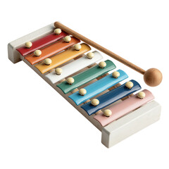 Naklejka premium Colorful Wooden Xylophone with Mallet on White Background Perfect for Musical Play and Educational Purposes for Kids and Adults Alike