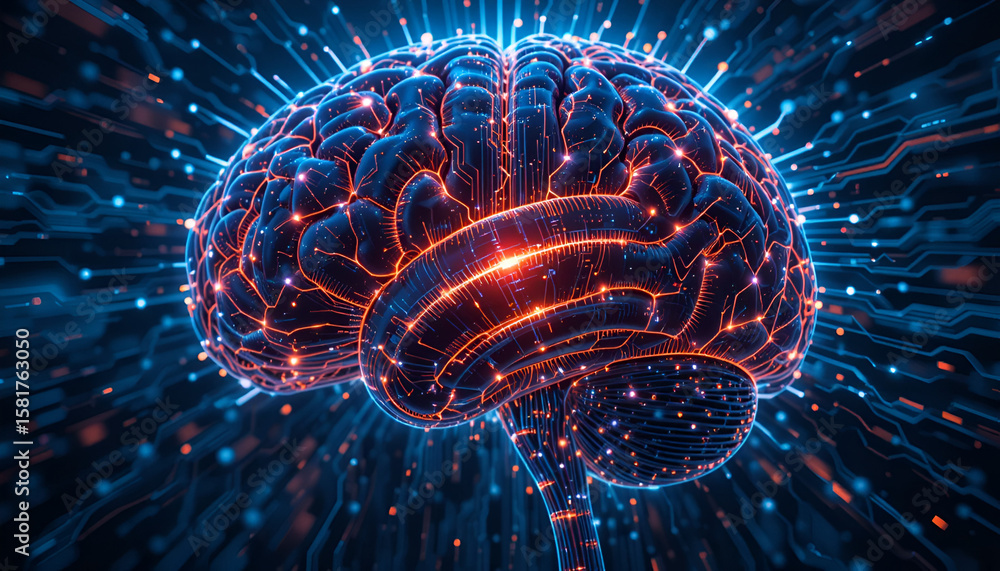 Poster a vibrant depiction of a human brain illuminated with glowing neural networks and tech connections, 