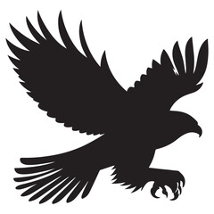 Bald Eagle black silhouette icon. American eagle wild bird of prey soaring. Falcon or hawk carnivore avian animal flight up vector outline illustration isolated on white