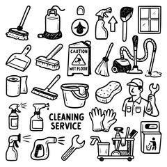Hand-drawn doodle icons for cleaning services, featuring brooms, mops, buckets, vacuum cleaner, spray bottles, sponges, gloves, janitor, and caution wet floor sign.