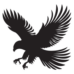 Bald Eagle black silhouette icon. American eagle wild bird of prey soaring. Falcon or hawk carnivore avian animal flight up vector outline illustration isolated on white