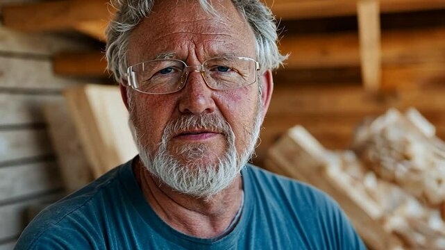 Portrait of a mature man with graying curly hair and beard wearing safety glasses and a teal shirt, in a wood workshop with wood shavings in the background. Warm lighting