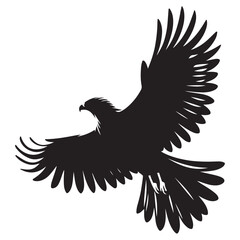 Bald Eagle black silhouette icon. American eagle wild bird of prey soaring. Falcon or hawk carnivore avian animal flight up vector outline illustration isolated on white